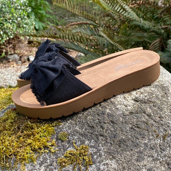 Corkys Spray Tan Sandals in Black Canvas - Picture 3 of 9